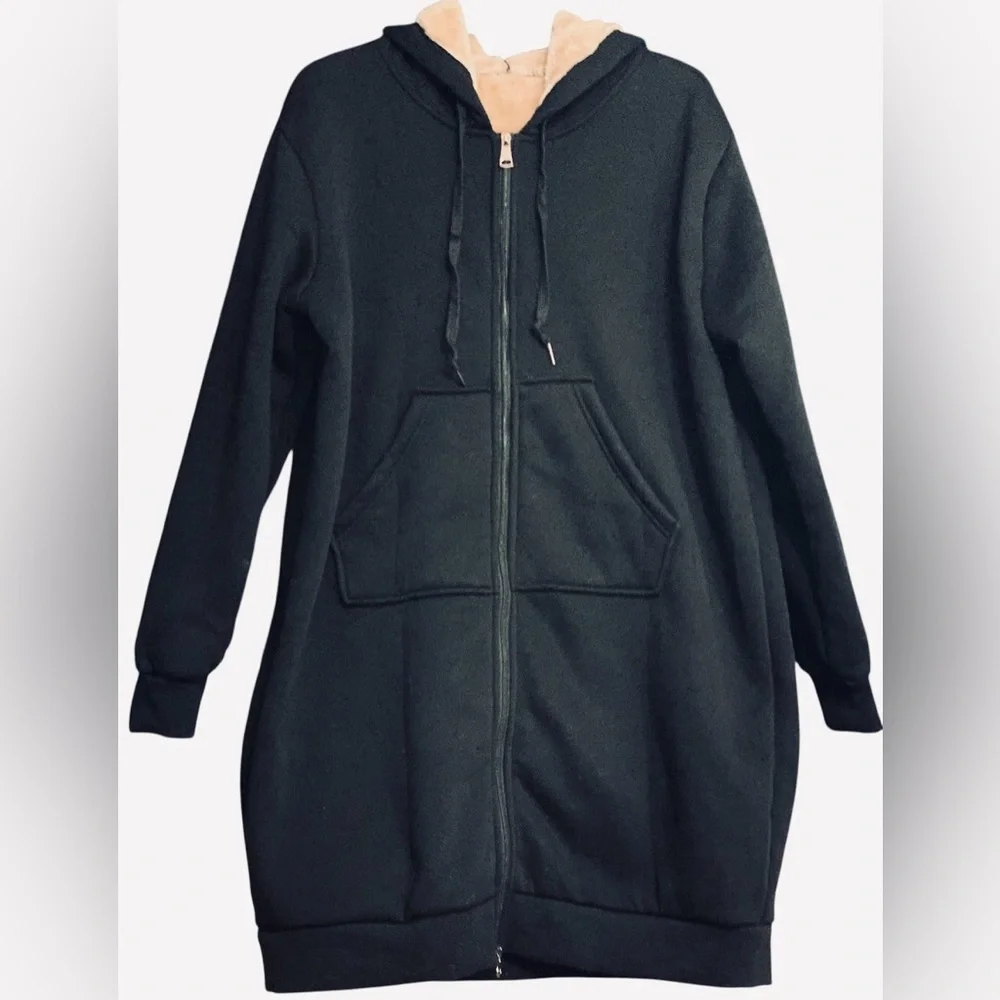 Plus Size Black, Zip up Long Jacket/Coat. Winter Hooded Outer wear Size XXL - Picture 5 of 8